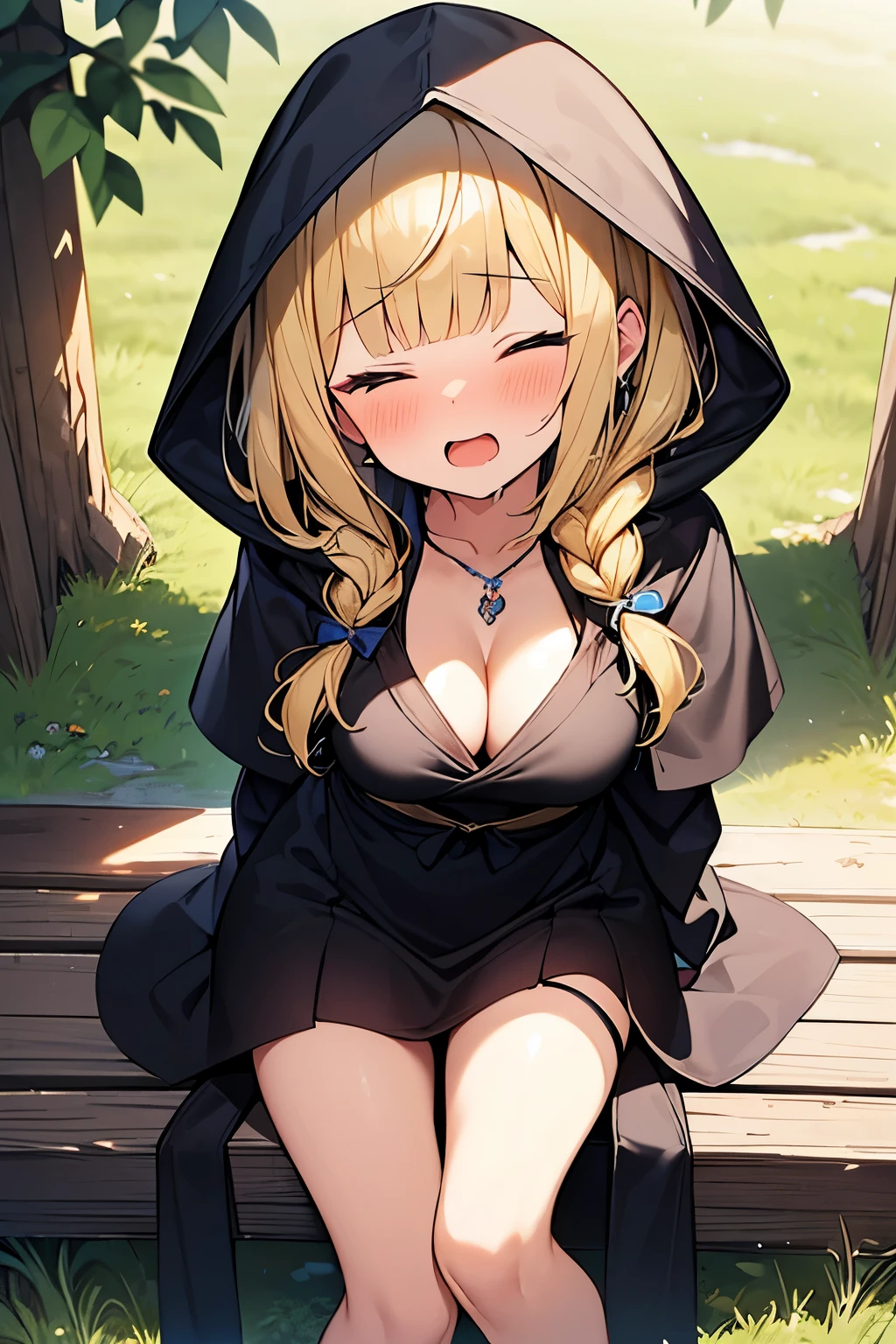 Masterpiece, Top quality, (1 beautiful girl), , Blonde, short Hair, Braided hair, wavy Hair, blunt bangs, standard weight, (very flat chest):1.6, cleavage, (very large dark sorceress long robe with hood):1.3, pleated skirt, (sexual climax):1.2, nose blush, open mouth, closed eyes, saliva, sitting sideways on the ground, beautiful scene of outdoors, cowboy shot, from above, torn clothes