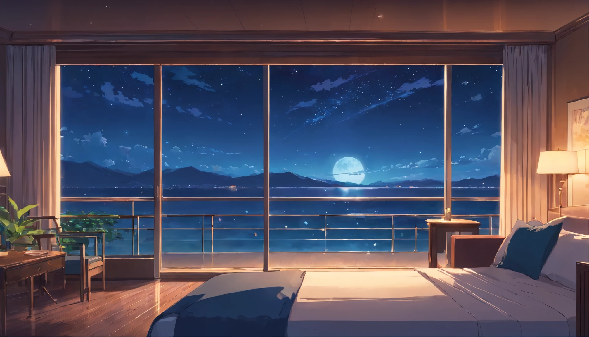 View from the balcony of a luxury hotel、Starry sky and night sea floating on a moonlit night faint light shining through the window