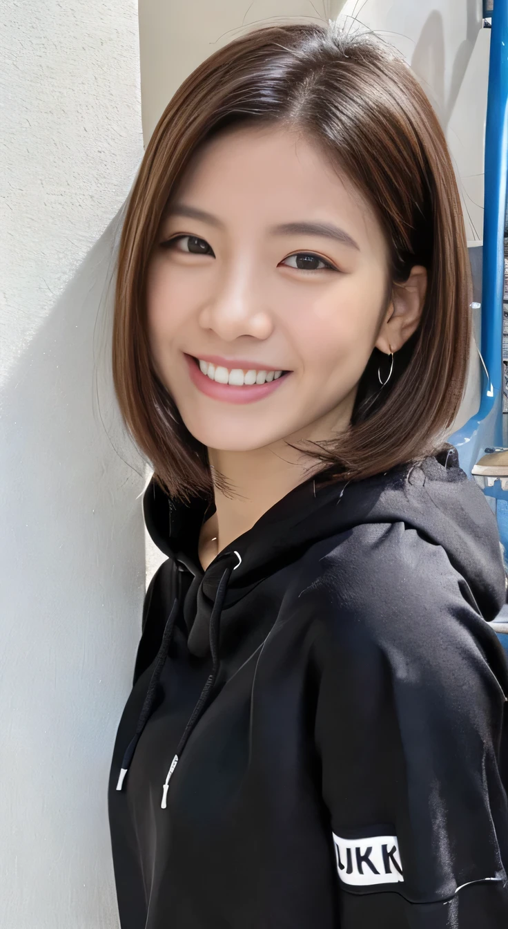 ８Ｋ、highest quality、Clear Beauty、hoodie、smile、Beautiful teeth alignment、（Gums are visible）Black Hair、Ear piercing、Upper body、The background is a staircase

