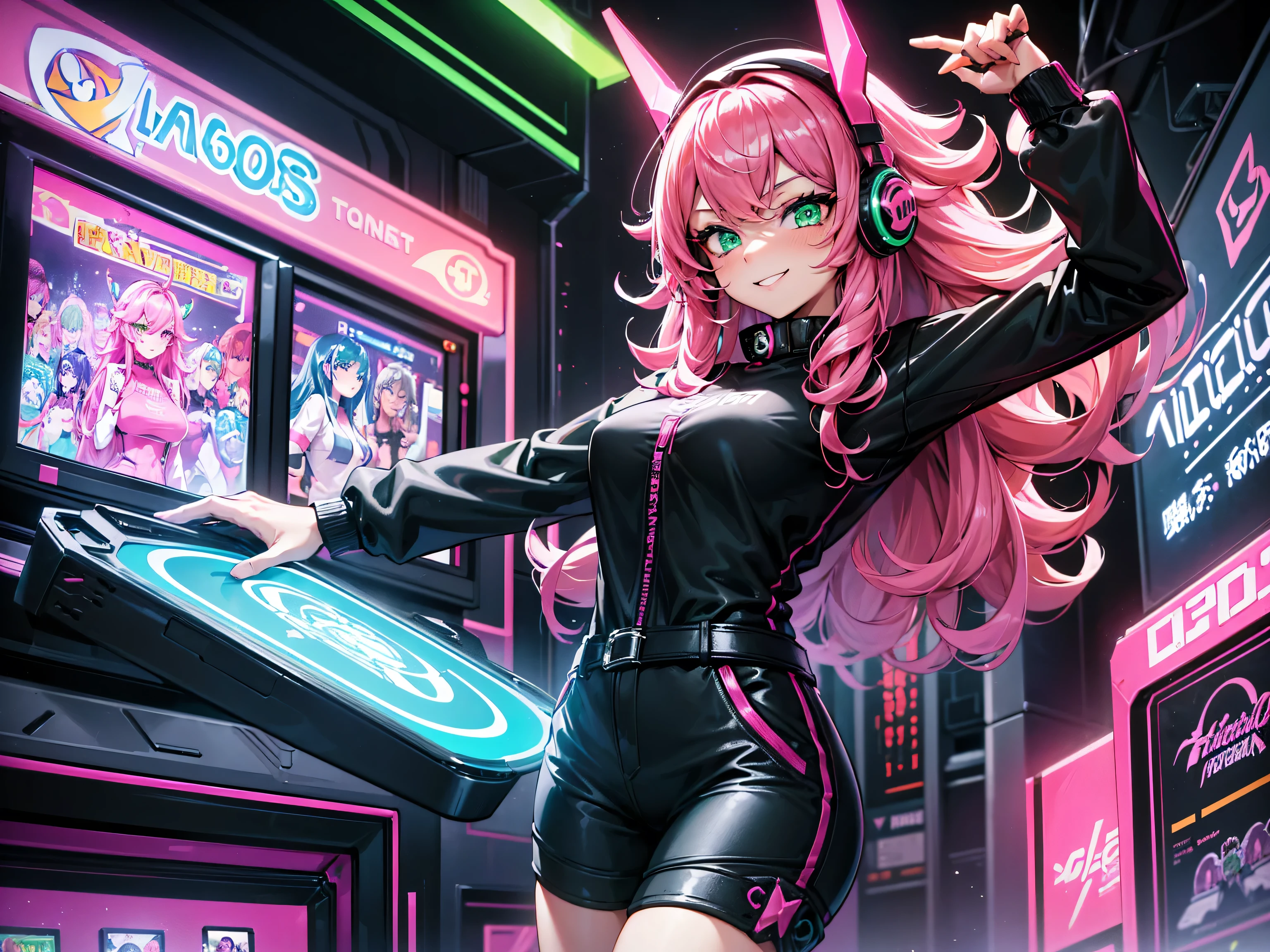 masterpiece:1.4, 1girl ((20year old, dressed in long sleeve shirt, tight black shorts, sneakers, medium breasts, multicolor pink hair, curly long hair, perfect model body, green eyes:1.4, Wearing headphones, looking up, happy, smiling, confident, sexy, inside an arcade, arcade machines, neon lighting and colorful, futuristic club, futuristic and exciting atmosphere)) ((solo))