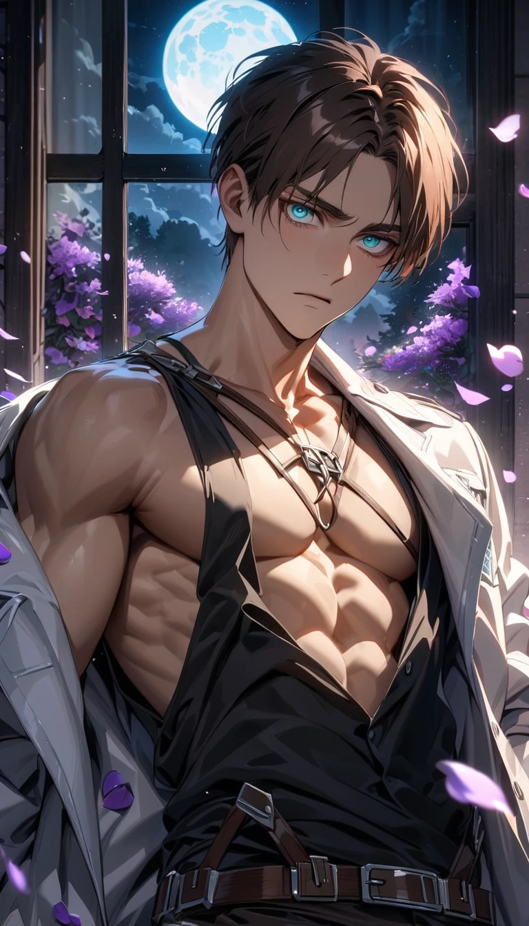 absurdres, highres, ultra detailed, HDR, masterpiece, extremely detailed face and eyes, Eren Yeager, brown hair, expressive turquoise eyes, Shingeki No Kyojin, solo, sexy man, toned chest, handsome, white coat, black tight shirt, window, moon, petals, purple flowers, purple shining light