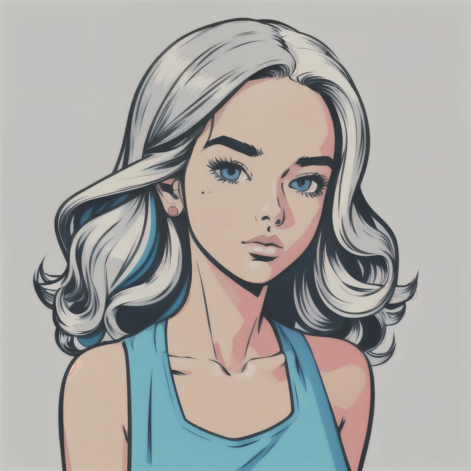 Flat Color, 25 year old surfer girl, Sunburn, ([blue eyes]) Long white wavy hair, Natural beauty, beautiful, casual, White tank top, masterpiece, Pop Art, close, Portraiture, Anime Style, Simple and bold colored line art, Manga style illustration, Cartoon Art Style, Digital illustration style, highly detailed character design, Cute and detailed digital art, beautiful digital illustration, high quality Portraiture, Comic art, Character Design Portrait, (([Simple gray background])) Pop Art, 