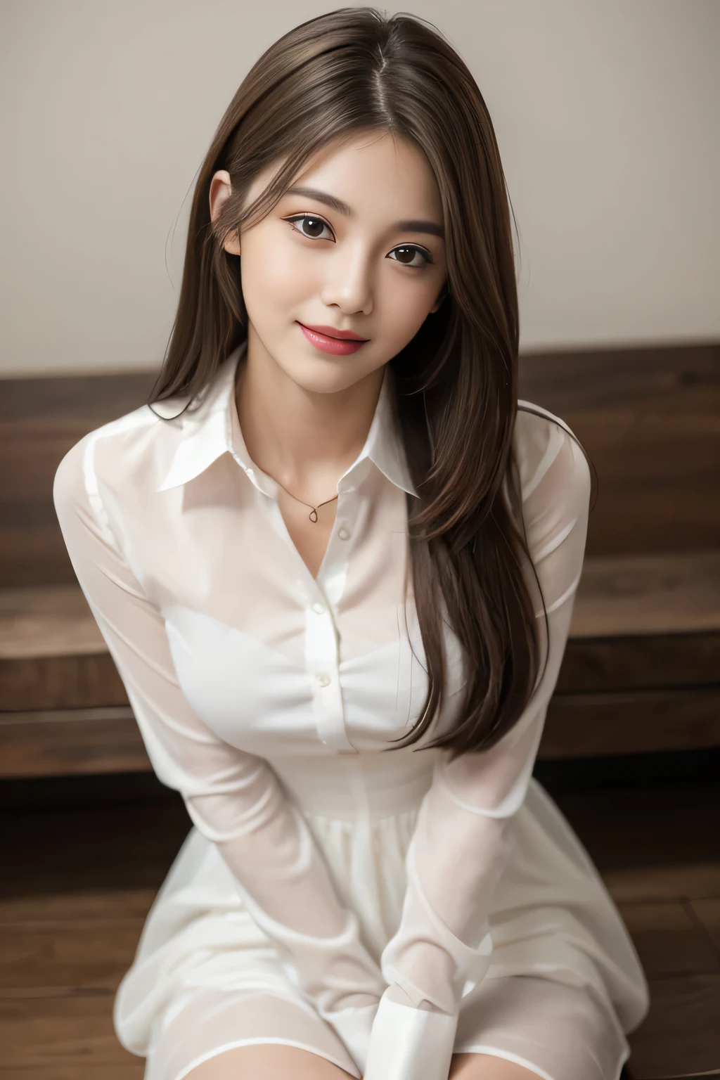 (RAW Photos), (Realistic), (masterpiece), (highest quality), High resolution, 8k, (Intricate details), (Volumetric Light), Portraiture, woman, Age 25, Medium Hair, Straight hair, Medium Chest, Layered Hair, Brown Hair, Very beautiful eyes, Source order, Very thin eyebrows, Very fine skin, Very beautiful mouth, Very nice nose, Cute like an idol, smile, (Thick lips), (Looking at the audience), (See-through pearl white collared dress shirt), Above the knee shot