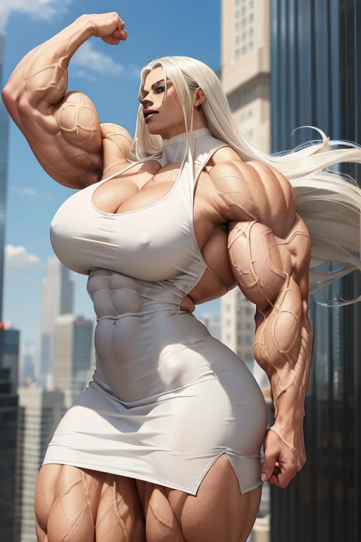 ((((Massive tall, beautiful, buff, light brown skinned muscular woman with white hair, black lipstick, ginormous bulky muscles, winds blowing and wearing a beautiful white minidress)))), (close view), massive muscles, massive biceps, hyper muscle shoulders, massive muscle arms, vascular shoulders, hyper muscle triceps, (long straight hair), blue eyes, choker, on top of a skyscraper in a Windy City, confidant smile, hyper vascular arm, hyper muscles arms, hyper muscle legs, (massive arms).
