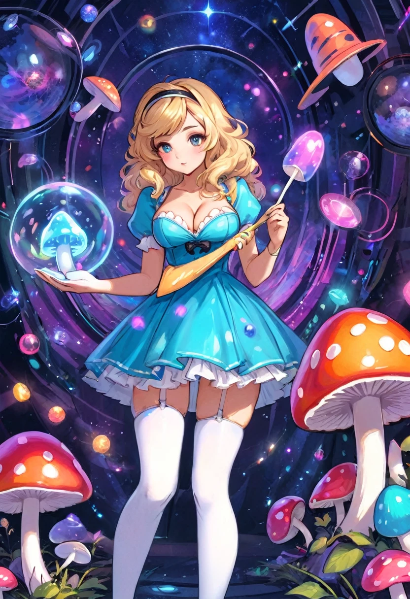a beautiful 20 year old blonde woman with big messy hair in a blue dress, white stockings, black headband, cleavage, holding a glowing mushroom, fantasy art style, rossdraws cartoon vibrant, alice in wonderland cyberpunk, cute detailed digital art, colorfull digital fantasy art, digital fantasy art ), glossy digital painting, rossdraws pastel vibrant, rossdraws 2. 5, rossdraws 1. 0