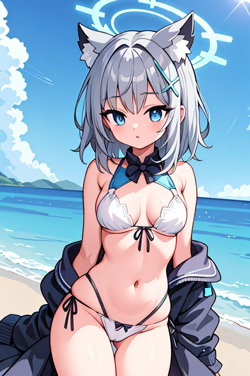 shiroko_bluearchive,slim, dizzy, big-chest, wide hips, perfect waist, white lace bikini, outside, on the beach, expose her camel toe