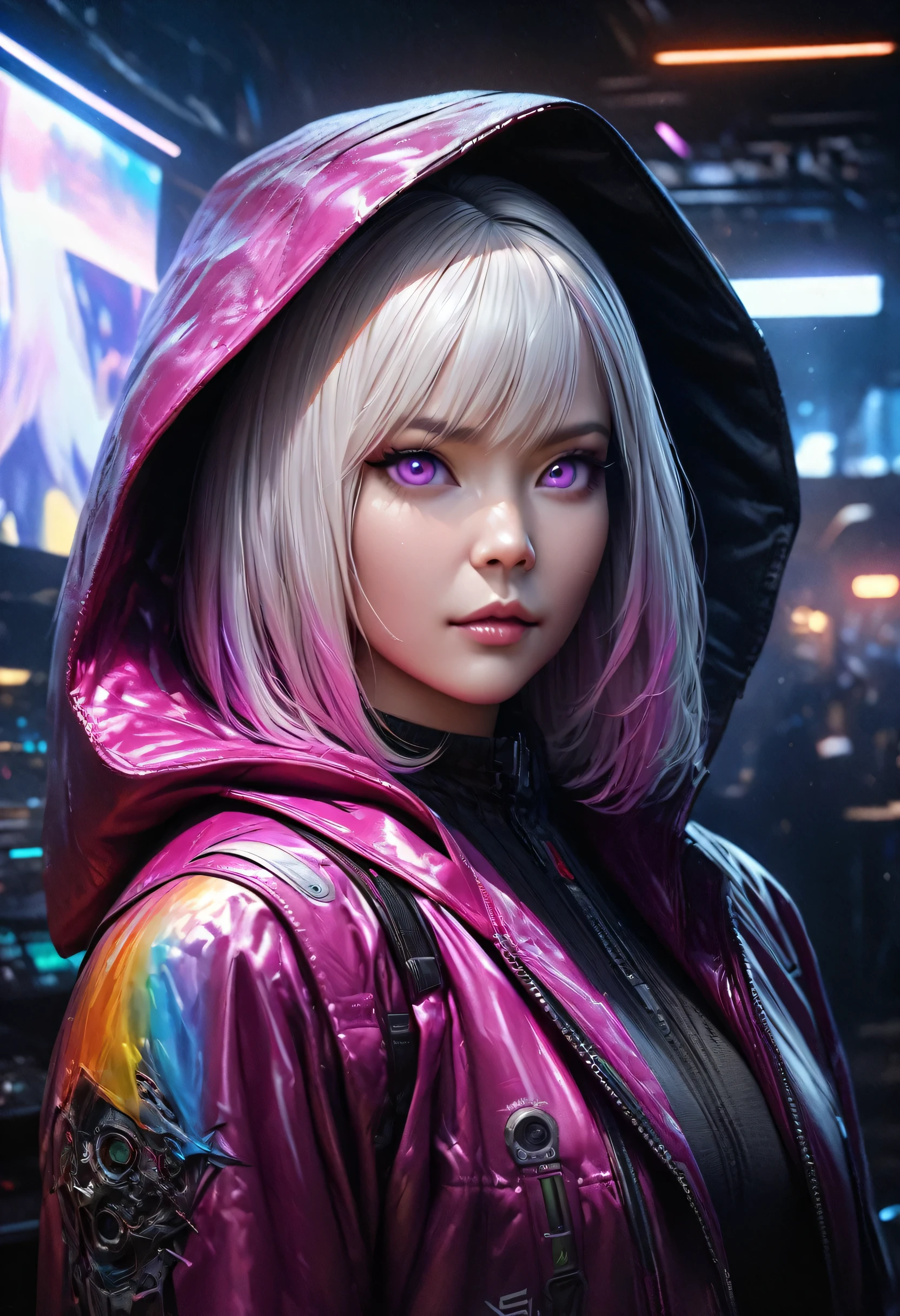 Handsome,1female,medium hair,white hair,rainbow hair,purple eyes,black and white hood,futuristic,cyberpunk,cybernetic,(best quality,4k,8k,highres,masterpiece:1.2),ultra-detailed,(realistic,photorealistic,photo-realistic:1.37),HDR,UHD,studio lighting,ultra-fine painting,sharp focus,physically-based rendering,extreme detail description,professional,vivid colors,bokeh,portraits,landscape,horror,anime,sci-fi,photography,concept artists,neon colors,dynamic lighting