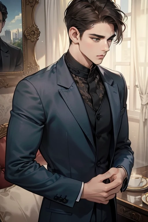 masterpiece, best quality, realistic, 1man, mature male, quiet and charming young man, 18 years old, look serious, closed mouth, portrait, extremely detailed face, soft smile, ((dark grey eyes)), ((short-left-swept dark brunette hair)), [thick eyebrows], dining room ((blue suit))