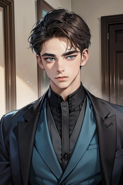 masterpiece, best quality, realistic, 1man, mature male, quiet and charming young man, 18 years old, look serious, closed mouth, portrait, extremely detailed face, soft smile, ((dark grey eyes)), ((short-left-swept dark brunette hair)), [thick eyebrows], dining room ((blue suit))