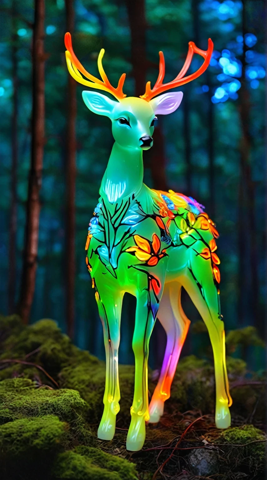 Brightly colored deer statue in a forest with trees and lights - SeaArt AI