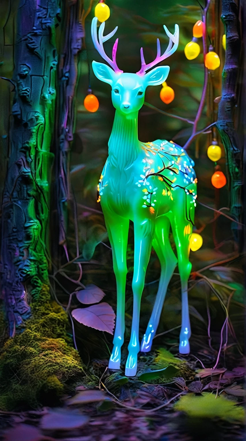 Art  jade doll，
A deer with colorful neon lights in the forest, full body, photo realistic --ar 3:4