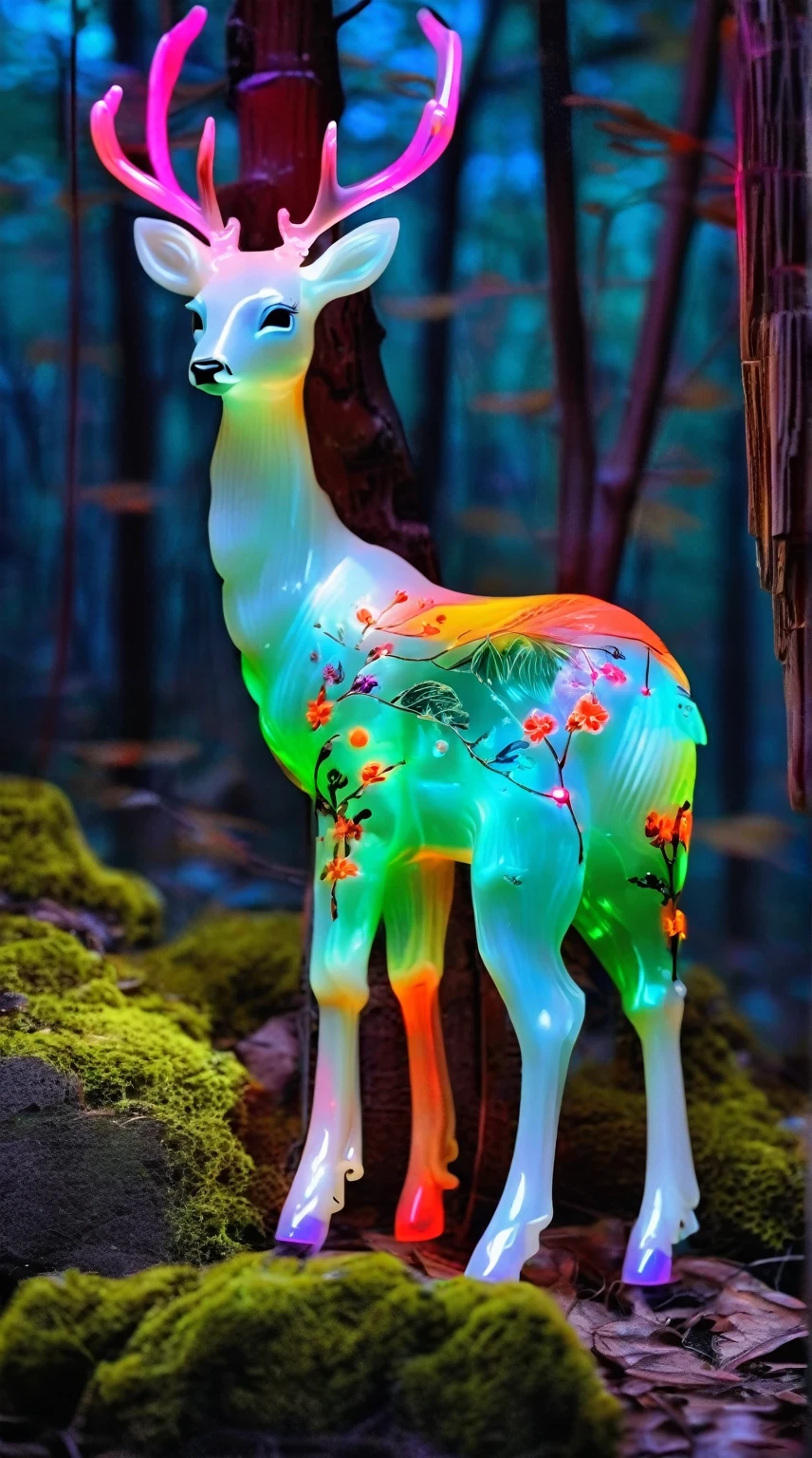 Art jade doll,
A deer with colorful neon lights in the forest, full body, photo realistic --ar 3:4