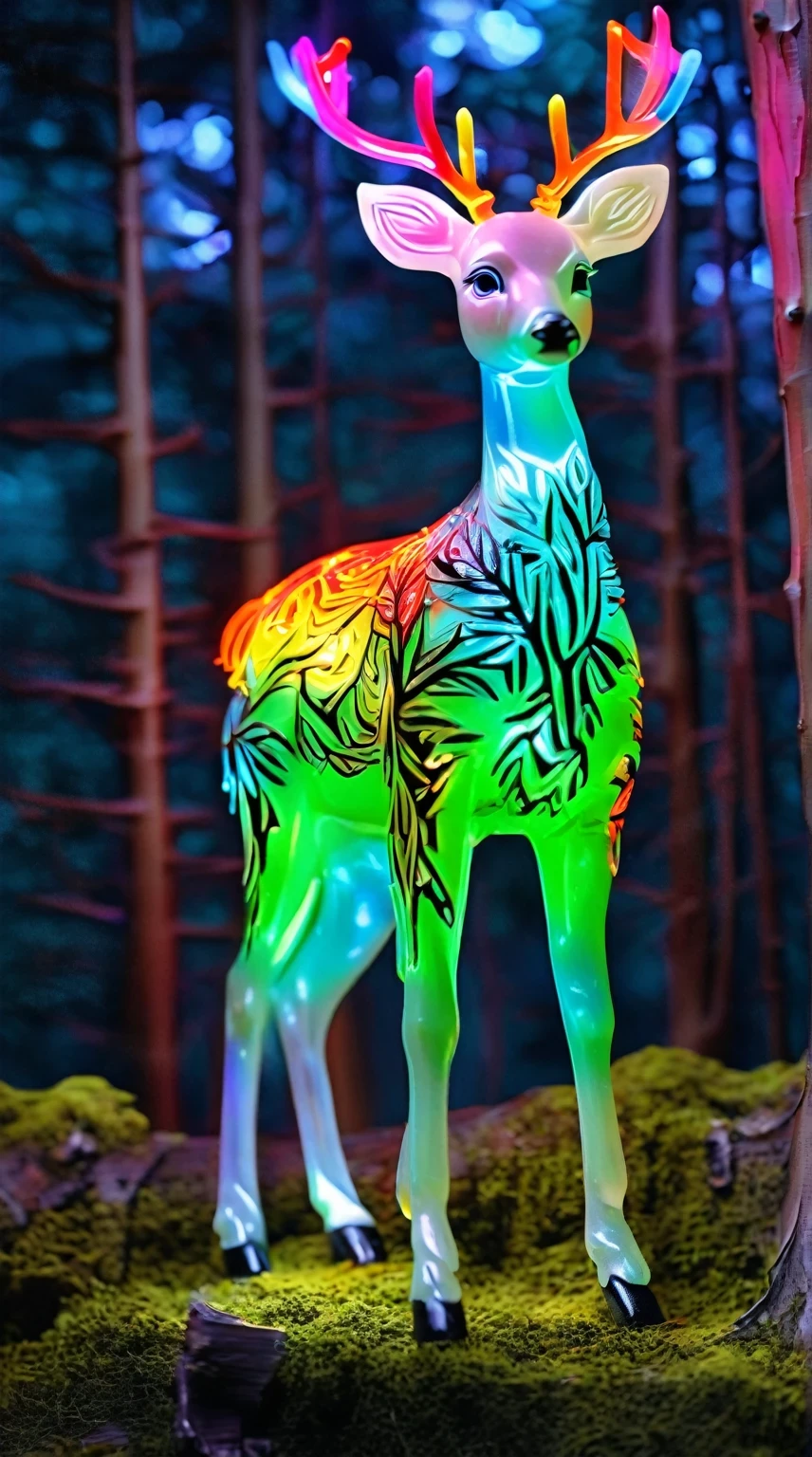 Art jade doll,
A deer with colorful neon lights in the forest, full body, photo realistic --ar 3:4