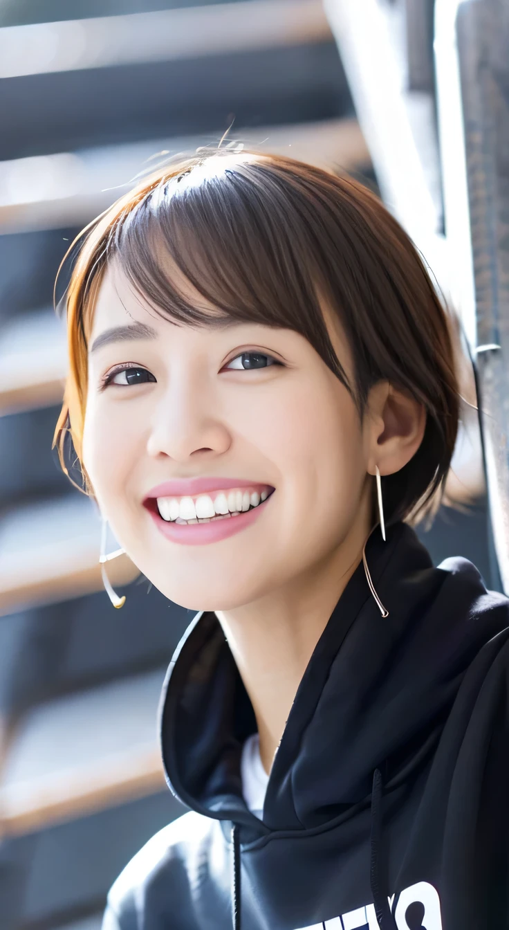 ８Ｋ、highest quality、Clear Beauty、hoodie、smile、Beautiful teeth alignment、（Gums are visible）Black Hair、Ear piercing、Short Haircut、Upper body、The background is a staircase

