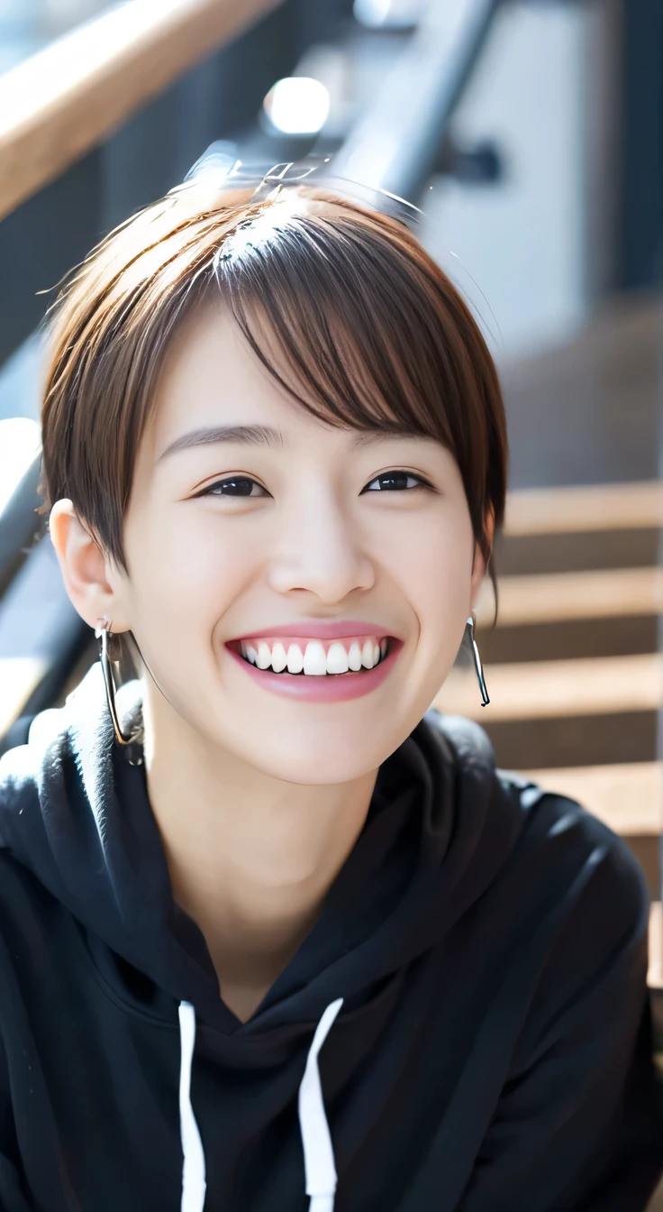 8K、highest quality、Clear Beauty、hoodie、smile、Beautiful teeth alignment、(Gums are visible)Black Hair、Ear piercing、Short Haircut、Upper body、The background is a staircase