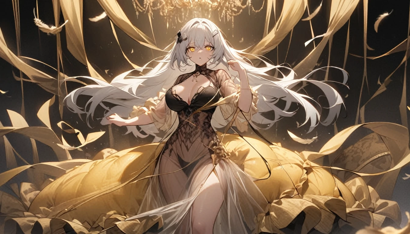 A woman, flowing white hair, melancholy eyes, yellow pupils, black diamond-shaped hairpin, A woman is cutting up a tattered super huge golden silk cushion with scissors in a dirty way. Tiny feathers are dancing, She wears a see-through gown.