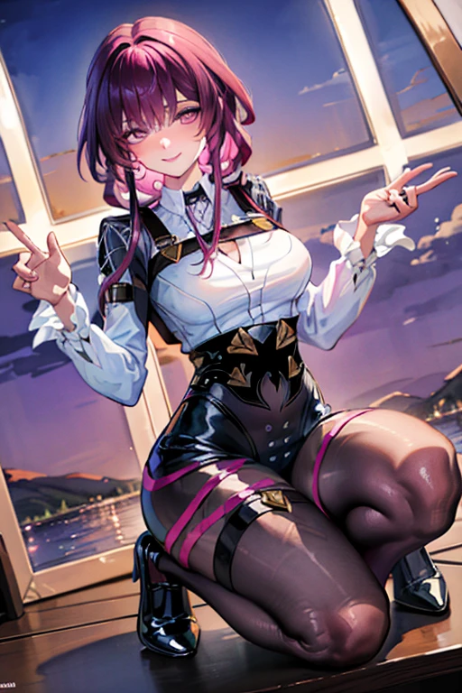 masterpiece, best quality, ultra detailed, watercolor and oil painting fusion, 1 woman, kafka, beauty, perfect anatomy, perfect eyes, perfect face, perfect fingers, perfect hands, anime girl, sexy uniform, thight, purple hair, seductive smile, full body, bautiful woman, at night background, seductive, hot, spicy,