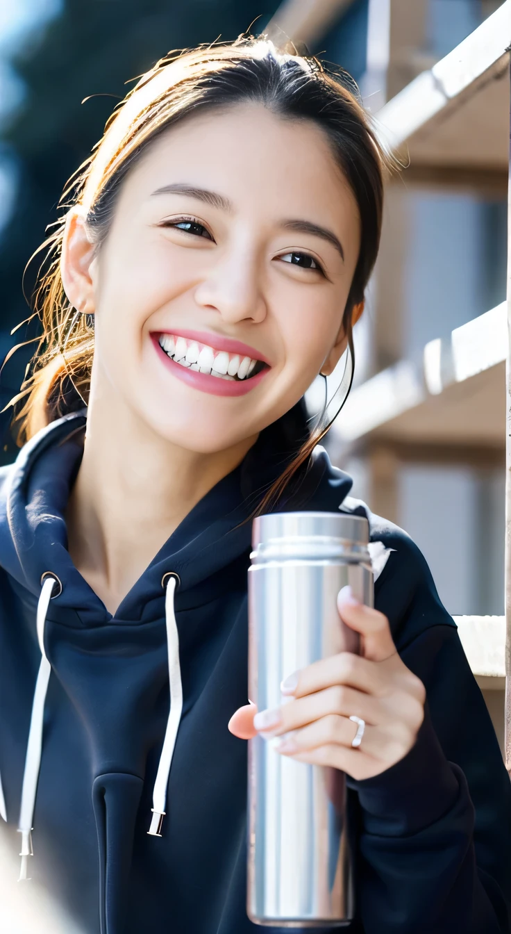 8K、highest quality、Clear Beauty、hoodie、smile、Beautiful teeth alignment、(Gums are visible)Black Hair、Ear piercing、Upper body、The background is a staircase