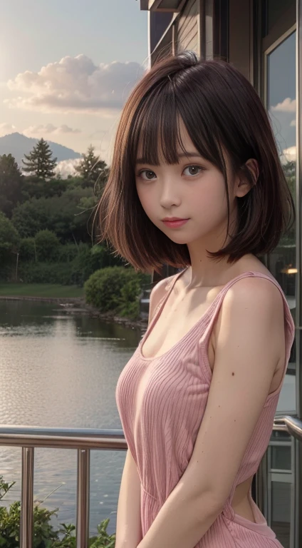 1 girl, Happy expression, Attractive eyes, short hair, one piece ,big, Gaze at the sun, Calm posture, Porcelain Skin, A faint blush, Crystal Pendant ,Twilight Hour, (Edge lighting): 1.2, Cool colors, Solar flare, Soft Shadows, Bright colors, Paint Effects, Distant Mountain々, reflection, Sunlit clouds, Quiet atmosphere, Idyllic sunrise, Super detailed, Official Art, Integrated 8K wallpapers, Tangled, Mandala