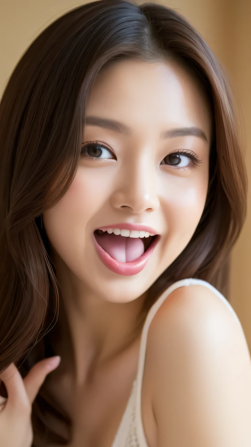 (highest quality、超A high resolution、In 8K、masterpiece、Realistic、Photorealistic)、Beautiful Japanese Woman、1 person、((Sticking out a long tongue))、Light brown hair、length、(Very small boobs:1.2)、whole body、From the side、Fine hair、Ultra detailed face、Detailed skin、Detailed lips、Broad shoulders、Tight beige knit dress、barefoot、Dimples、smile、Crouching、(Home、Bedroom:1.2)、Daytime、Natural light