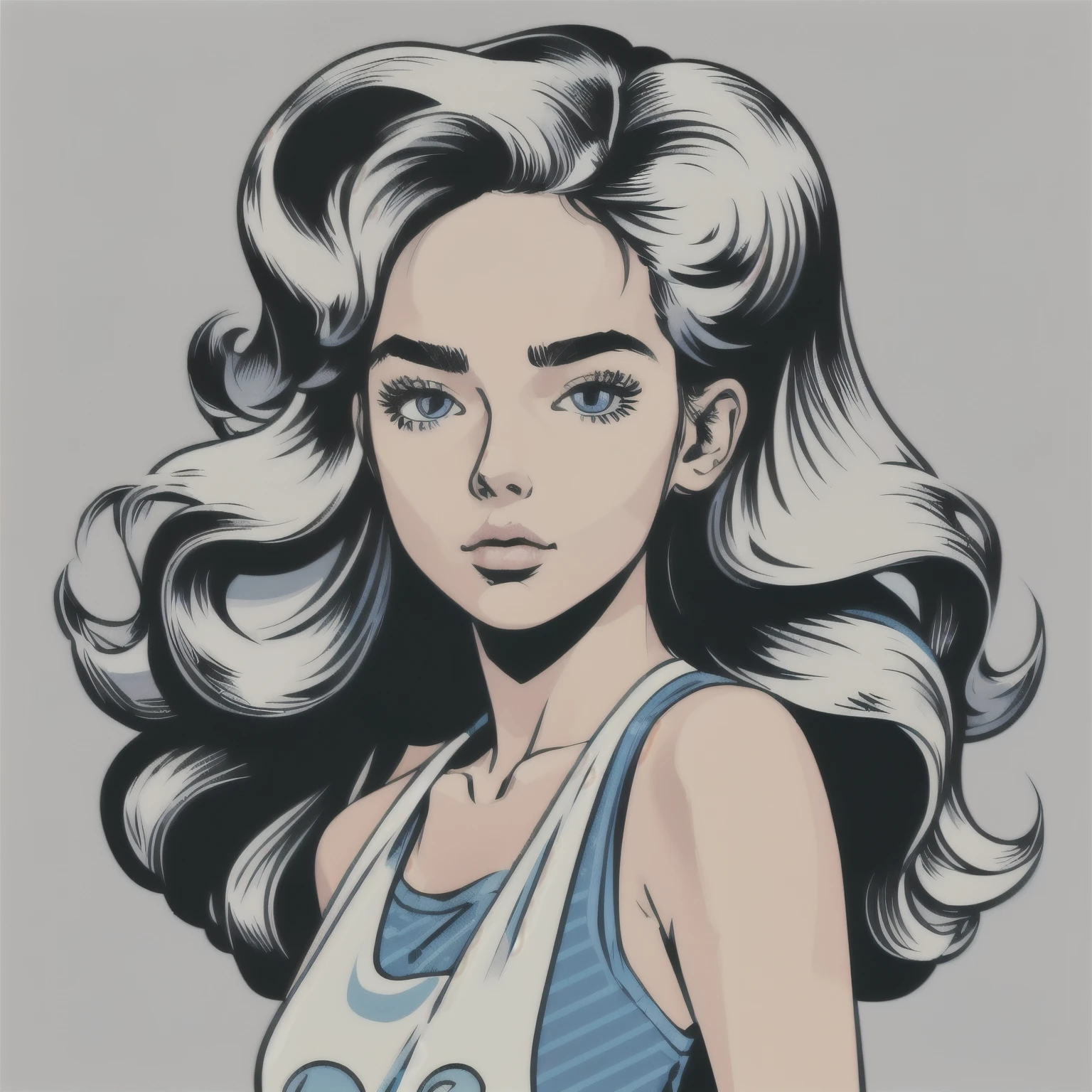 Flat Color, 25 year old surfer girl, Sunburn, ([blue eyes]) Long white wavy hair, Natural beauty, beautiful, casual, Black tank top, masterpiece, Pop Art, close, Portraiture, Anime Style, Simple and bold colored line art, Manga style illustration, Cartoon Art Style, Digital illustration style, highly detailed character design, Cute and detailed digital art, beautiful digital illustration, high quality Portraiture, Comic art, Character Design Portrait, (([Simple gray background])) Pop Art, 