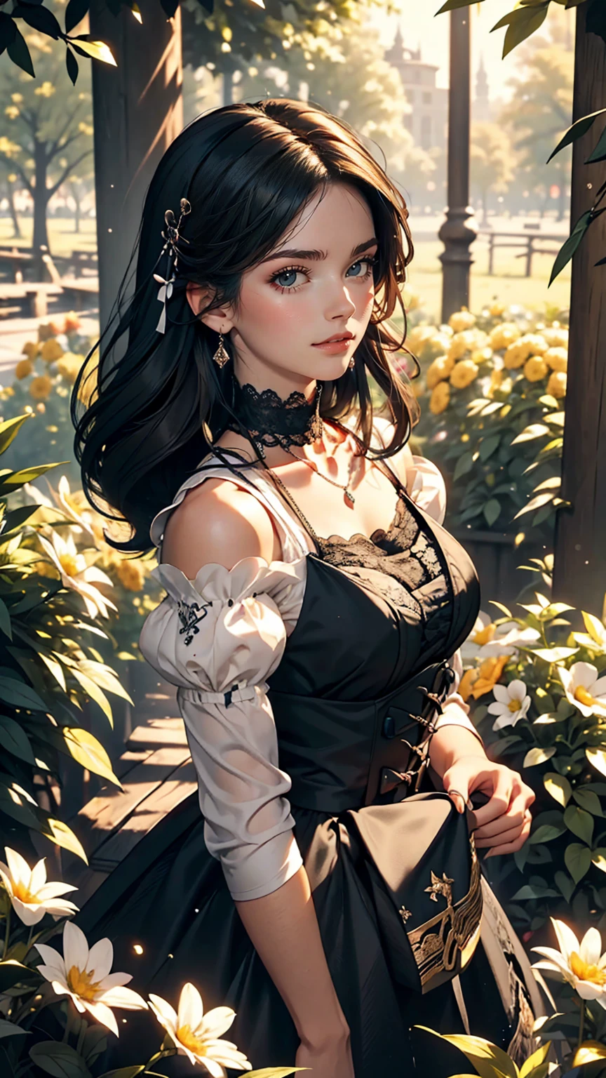 (masterpiece:1.2), (highest quality:1.2), Perfect Eyes, Perfect Face, Perfect lighting, One girl, Mature goth girl woman standing with hands out in front of her, Long Hair, Complicated hairstyle, compensate, Black Lips, Thick eyelashes, sad, melancholy, Dressed as a goth girl, Black and white dress, Frills, ribbon, Puffy sleeves, Exposing shoulders, Lace choker, jewelry, peaceful, quiet, Chill, Detailed outdoor background, Beautiful Landscape, Fantasy, summer, sunny, Sunburned, Flowers, wood 、smile