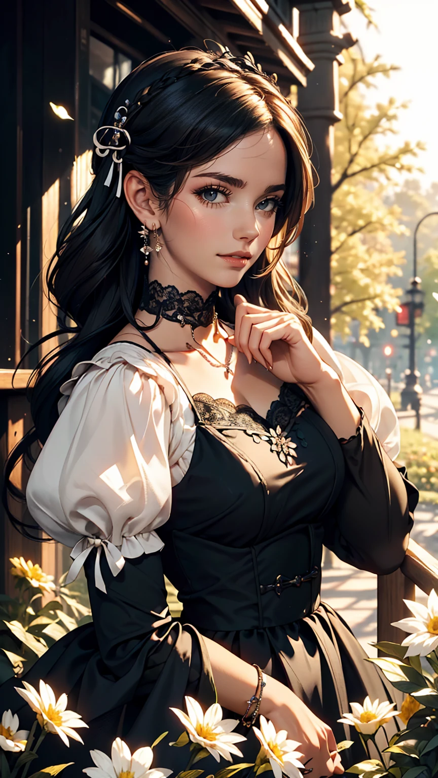 (masterpiece:1.2), (highest quality:1.2), Perfect Eyes, Perfect Face, Perfect lighting, One girl, Mature goth girl woman standing with hands out in front of her, Long Hair, Complicated hairstyle, compensate, Black Lips, Thick eyelashes, sad, melancholy, Dressed as a goth girl, Black and white dress, Frills, ribbon, Puffy sleeves, Exposing shoulders, Lace choker, jewelry, peaceful, quiet, Chill, Detailed outdoor background, Beautiful Landscape, Fantasy, summer, sunny, Sunburned, Flowers, wood  、smile