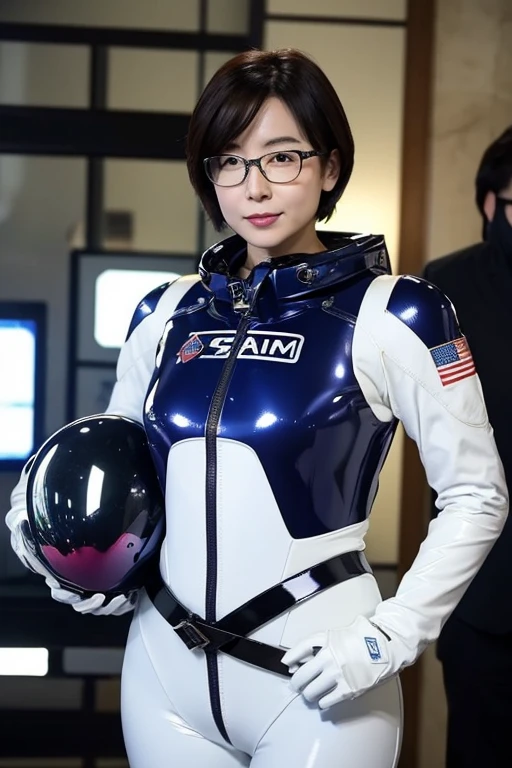 Beautiful woman、A space suit that fits perfectly、Hangar、Plump、Zero gravity space、Gundam、Normal Suit、Photorealistic、Masterpiece、4K resolution、Shiny latex、Slim glasses in the frame、Hold the helmet in your right hand、belt、short hair、income、Inside the spaceship、Adult women、NCO、