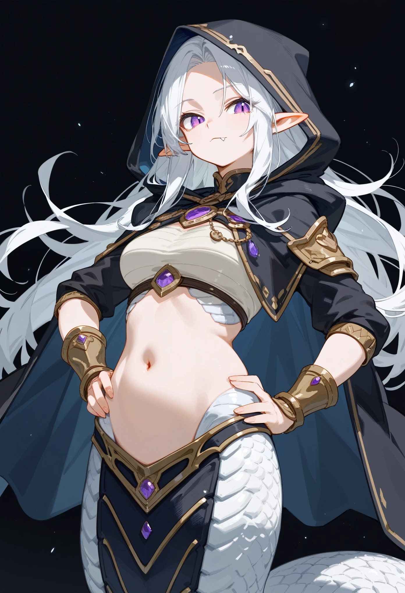 Masterpiece, best quality, score_9, score_8_up, score_7_up, 1girl, lamia monstergirl, white scales, white belly, purple eyes, white hair, long hair, parted bangs, pointy ears, hand on hip, black cloak, black clothes, armour plates, hood off, closed mouth, innexpressive, fang, looking at viewer, black background, upper body, zoom out, 