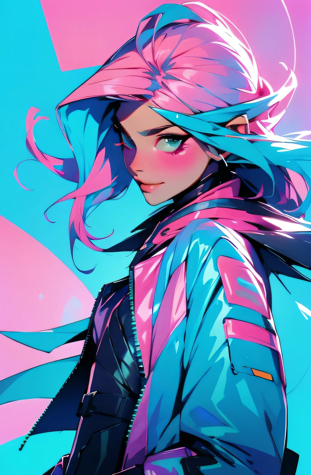cyberpunk female woman wearing (turquoise Jacket with chromatic accents:1.1), sleek pink and White full bodysuit, side view turning to face camera, (Petal Blush, Lagoon Blue color background:1.3), amazing smile, looking at camera, golden hour