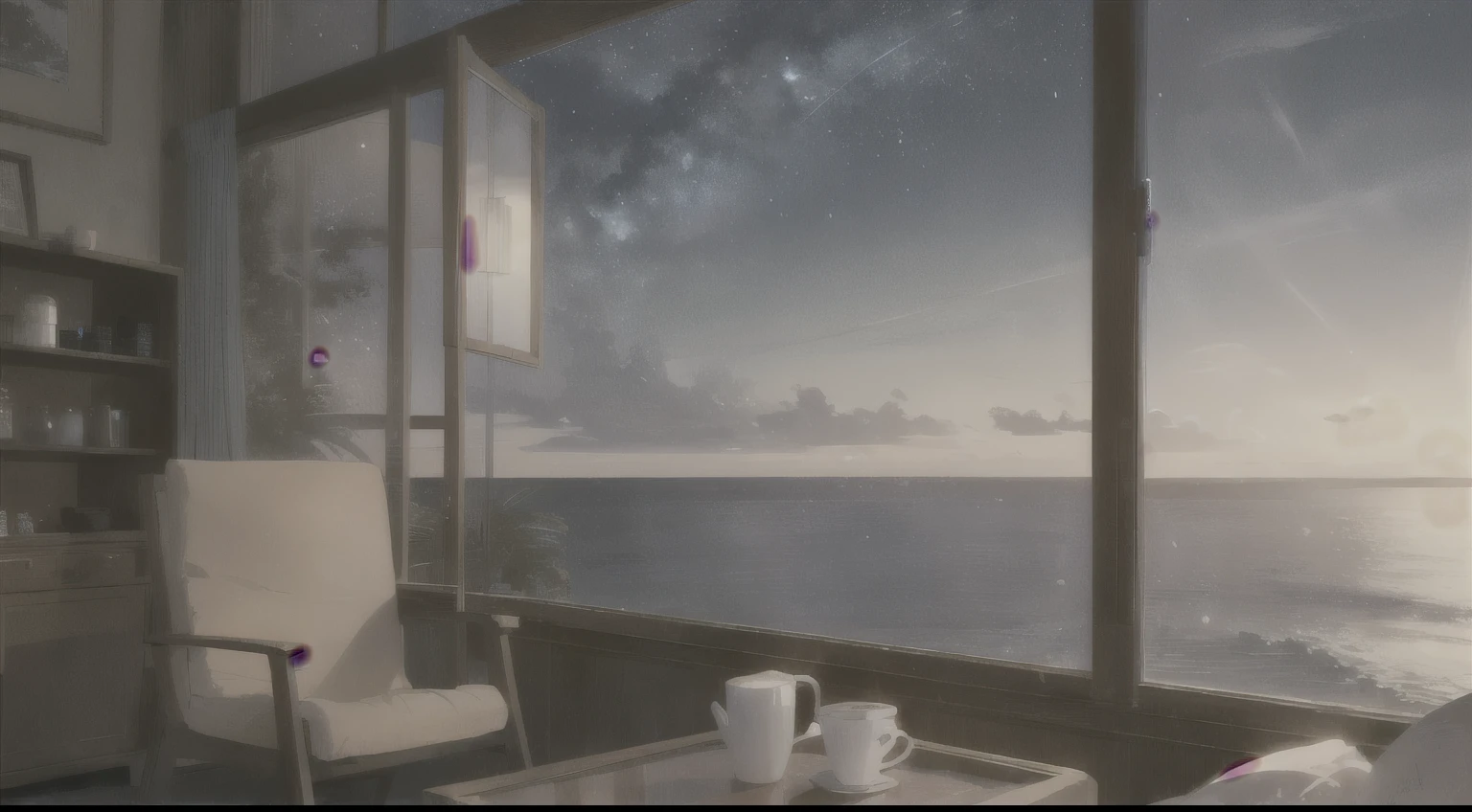(highest quality: 1.5), (Very detailed: 1.5), (highest quality Photo: 1.5), Cafe,A cup of coffee,Out of the window, The ocean as far as the eye can see, Starry Sky, meteor, horizon, Pitch black sea, Midnight, Midnight, milky way, nebula, Particles of light, Very delicate and beautiful, Very detailed, Mysterious, Movie angle, 8k resolution, elegant, perfection, Smooth,