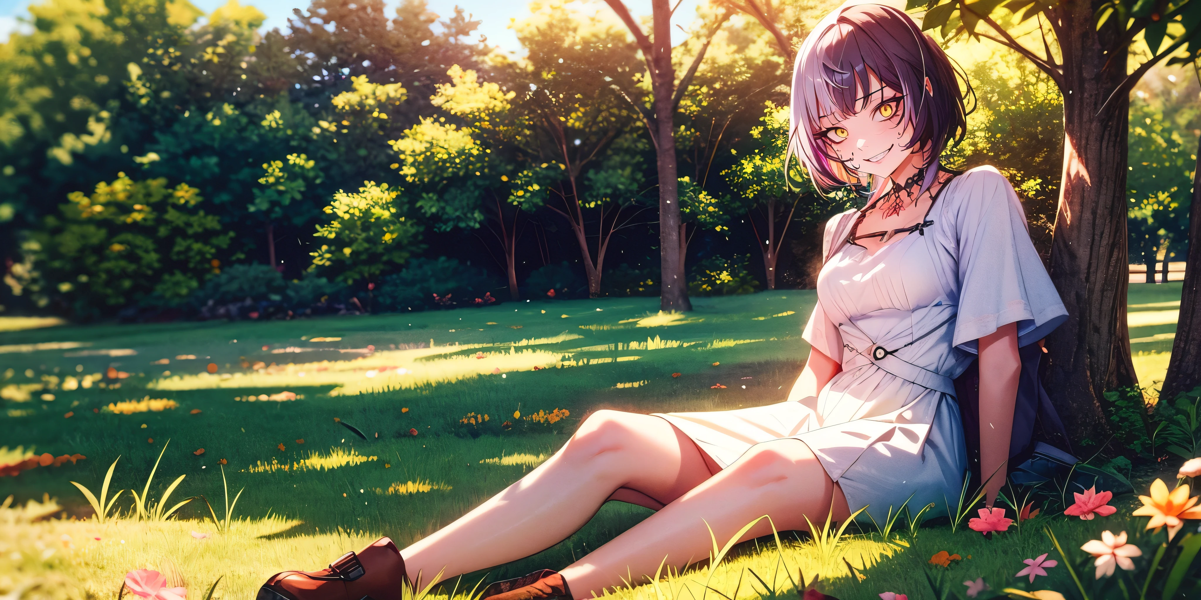 shiori novella, two-tone hair, multicolored hair, split-color hair, medium hair, sweating, choker, 1girl, sitting,  dress,  white_dress, solo, outdoors, grass, tree, white_legwear, breasts, shoes, short_sleeves, looking_at_viewer, loafers, day, brown_footwear, on_grass, pantyhose, collarbone, nature, medium_breasts, full_body, glow effects, godrays, Hand drawn, render, 8k, octane render, cinema 4d, blender, dark, atmospheric 4k ultra detailed, cinematic, Sharp focus, big depth of field, Masterpiece, colors, 3d octane render, 4k, concept art, trending on artstation, hyperrealistic, Vivid colors, extremely detailed CG unity 8k wallpaper, trending on CGSociety, Intricate, High Detail, dramatic"", shaded face, yellow eyes, slit pupils, hollow eyes, smirk, upper teeth, sweating, steaming face, looking at viewer, 