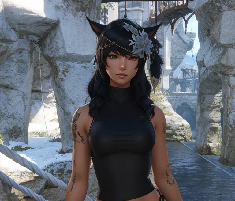 FFXIV miqo'te with black hair, beautiful face, tanned skin