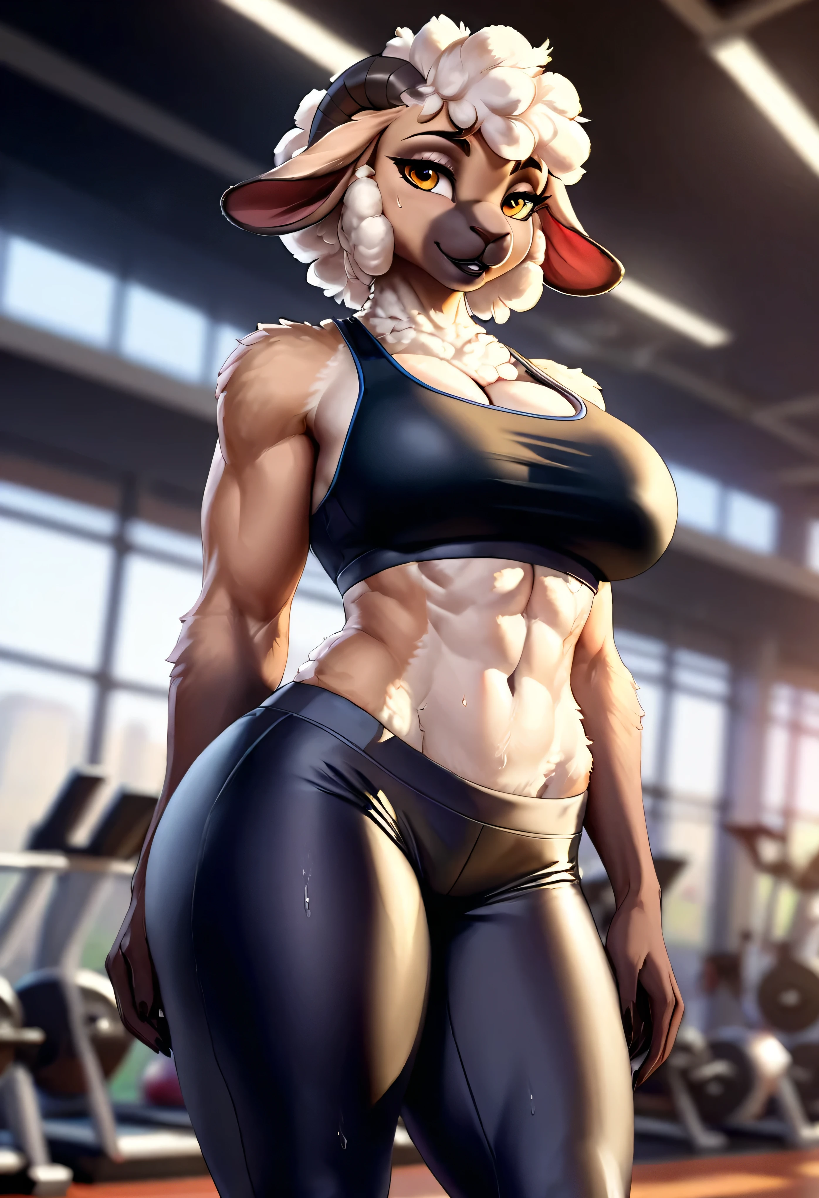4k highly detailed realistic digital extremely high quality drawing, masterpiece, (by cutesexyrobutts), (uploaded on e621), (a full-body portrait of a female anthro sheep girl), ((posing in a gym)), ((wearing a sexy sports bra and tight yoga pants)), (beautiful and detailed eyes:1.1), (thick black lips), detailed fur, wet fur, sweating, seductive, sexy, voluptuous, curvy body, hourglass figure, large breasts, muscles, cinematic lighting, (f1.8 short focus bokeh)