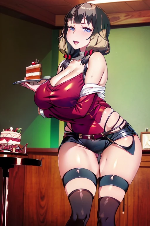 (dynamic angle:1.3, front view:1.1, breast focus:1.3, from below:1.2), (dynamic posing:1.5, sexy posing:1.2, leaning forward), (seductive smiling:1.3), ((looking at viewer, holding a cake)),highest quality、(real、photorealistic:1.4),(ultra high resolution, 8K RAW photo, clear focus), best qualtiy, natural lighting, field depth, (Bright pupils, detailed beautiful eyes, high detailed face), Red lip, (tight focus:1.2, from below), sexy posing, a girl 22yo old, teacher, wearing a , bootyshorts, Thicc, thin breast, long hair, blue eyes,off-shoulder dress, sweater dress, off-shoulder sweater, red sweater,garter stocking, cleavage:1.1, midriff, black shorts, black thighhighs, thigh strap, pretty girl, (highly detailed beautiful face and eyes,firm breasts),real skin,((black,hair,long pony tail hair)),thin pubic hair,cute,lovely, detailed eyes, This masterpiece is only visually stunning but also tells,(double breasted:1.2,under bust:1.2),(with sparkling eyes and a contagious smile),open mouth, Looking at Viewer, posed cleavage:1.2,pose muy sexy"