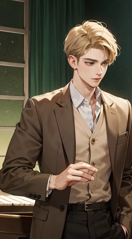masterpiece, best quality, realistic, 1man, mature male, quiet and charming young man, 18 years old, close his eyes, smirk, closed mouth, extremely detailed face, a little distant, ((dark green eyes)), ((short-side-swept sandy blonde hair)), [thick eyebrows], ((brown suit)), playing piano, 4K