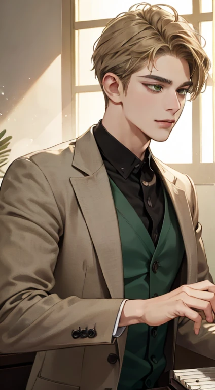 masterpiece, best quality, realistic, 1man, mature male, quiet and charming young man, 18 years old, close his eyes, smirk, closed mouth, extremely detailed face, a little distant, ((dark green eyes)), ((short-side-swept sandy blonde hair)), [thick eyebrows], ((brown suit)), playing piano, 4K