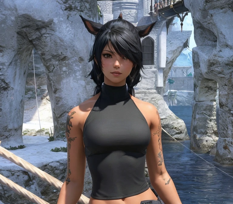 FFXIV miqo'te with black hair in a ponytail, beautiful face, tanned skin