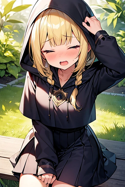Masterpiece, Top quality, (1 beautiful girl), junior high school student, Blonde, short Hair, Braided hair, wavy Hair, blunt bangs, standard weight, (very flat chest):1.6, (very large dark sorceress long robe with hood):1.3, pleated skirt, (sexual climax):1.2, nose blush, open mouth, closed eyes, saliva, sitting and leaning back, beautiful scene of outdoors, cowboy shot, from above, (torn clothes):1.3