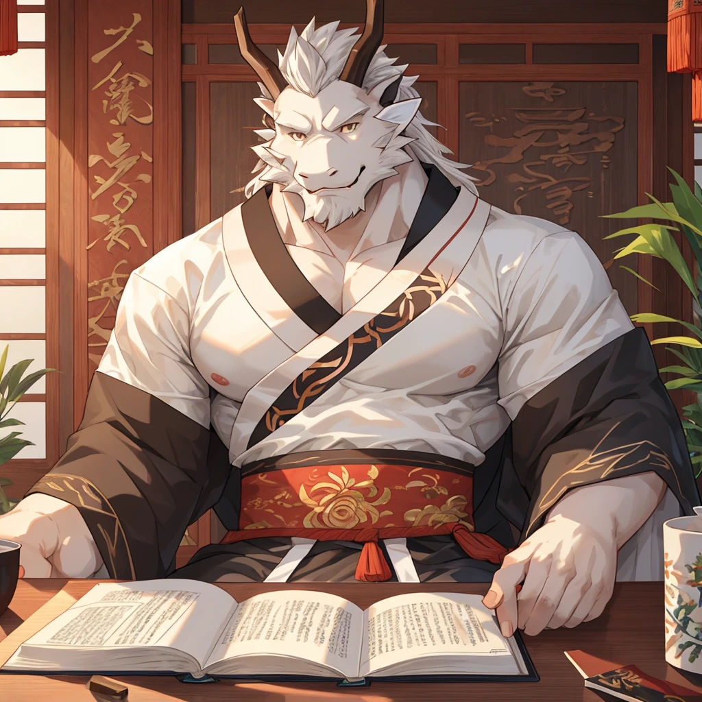 (white eastern dragon),furry,fuii body shot,white mustache,big pecs,hearty males,artbook,muscular,black Hanfu,holding_stylus,sitting_on_desk,adult,traditional_chinese_room