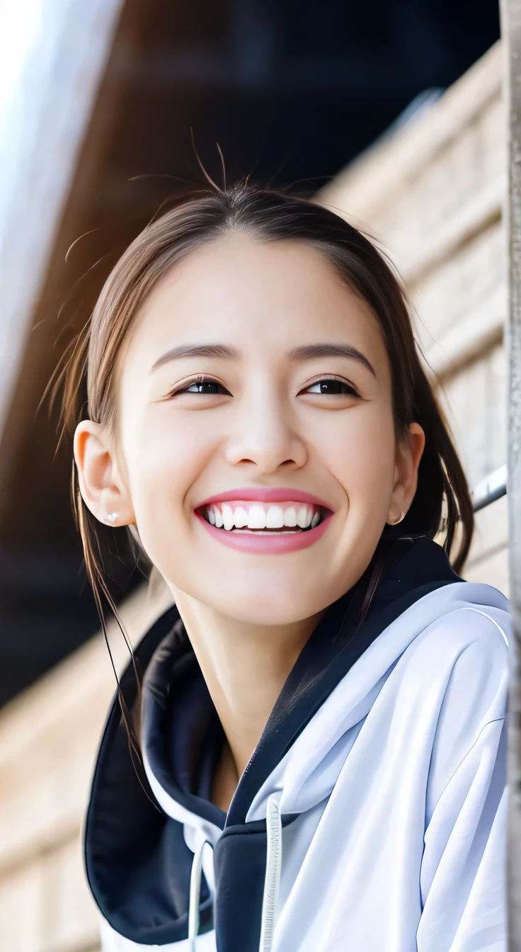 8K、highest quality、Clear Beauty、hoodie、smile、Beautiful teeth alignment、(Gums are visible)Black Hair、Ear piercing、Upper body、The background is a staircase