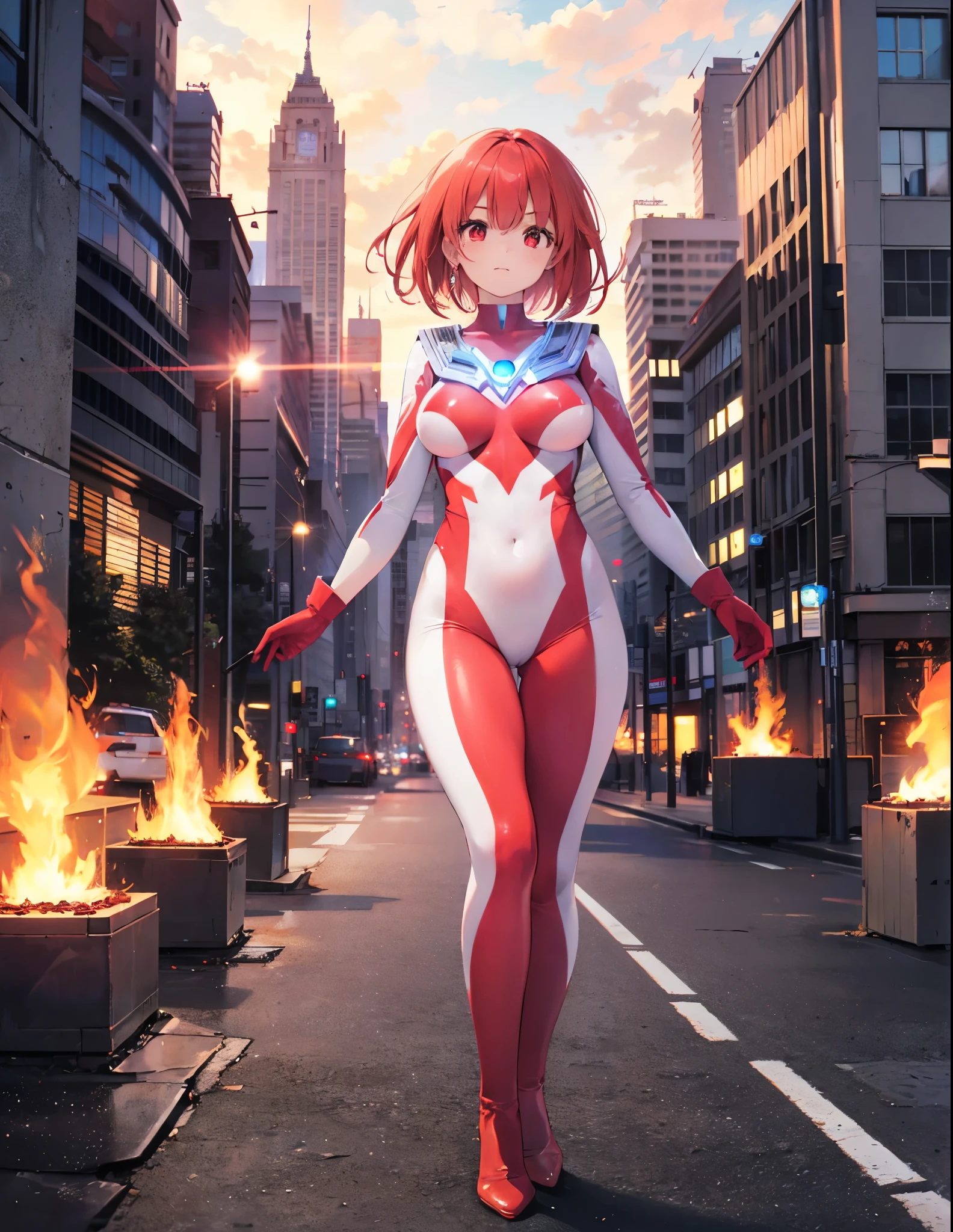 Realistic,highest quality, Ultra Detail, High-quality CG rendering, The most delicate and beautiful, Floating softly, High resolution, (One giant girl), (Highest quality,4K,8K,masterpiece:1.2),(All red hair:1.5), (Medium Hair:1.5),(Red eyes:1.5), (Ultra Girl:1.0), (Bright red Ultraman bodysuit:1.4),(Slightly larger breasts:1.5), (Red gloves:1.3),(Red Shoes:1.3),A city engulfed in flames,old buildings,(whole body:1.3)