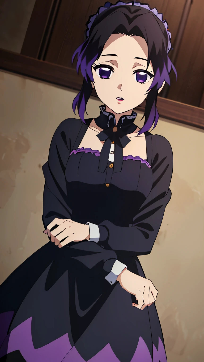 (highest quality, 8k, High resolution, masterpiece: 1.2), Anime art style, Shinobu Kocho, 1 girl, Perfect Face, Perfect Eyes, Soft look, Medium chest, Purple Hair, Natural lips, short hair, Purple eyes, Narrow eyes,((Dynamic Angle, Cowboy Shot)), ((Elegant Gothic Princess, Black Gothic Lolita Dress, Gothic Dress)), Viewer ratings,
