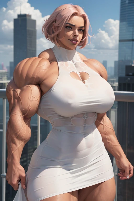 ((((Massive tall, beautiful, buff, light brown skinned muscular woman with shocking pink hair, black lipstick, ginormous bulky muscles, winds and gust blowing and wearing a beautiful white minidress)))), (close view), massive muscles, massive biceps, hyper muscle shoulders, massive muscle arms, vascular shoulders, hyper muscle triceps, (angled bob cut), red eyes, choker, on top of a skyscraper in a Windy City, confidant smile, hyper vascular arm, hyper muscles arms, hyper muscle legs, (massive arms).