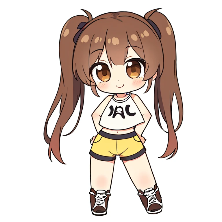 masterpiece, best quality, 1girl, (chibi:1.1), crop top, shorts, brown hair, twintails, brown eyes, smile, rating_safe