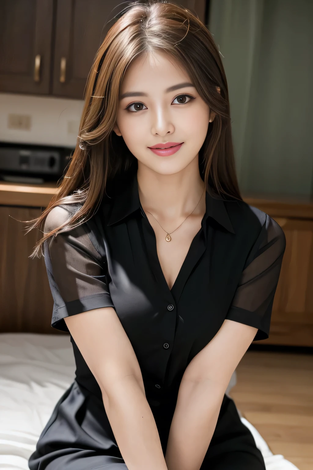 (RAW Photos), (Realistic), (masterpiece), (highest quality), High resolution, 8k, (Intricate details), (Volumetric Light), Portraiture, woman, Age 35, Medium Hair, Straight hair, Medium Chest, Layered Hair, Brown Hair, Very beautiful eyes, Source order, Very thin eyebrows, Very fine skin, Very beautiful mouth, Very nice nose, Cute like an idol, smile, (Thick lips), (Looking at the audience), (See-through black collared dress shirt), Above the knee shot