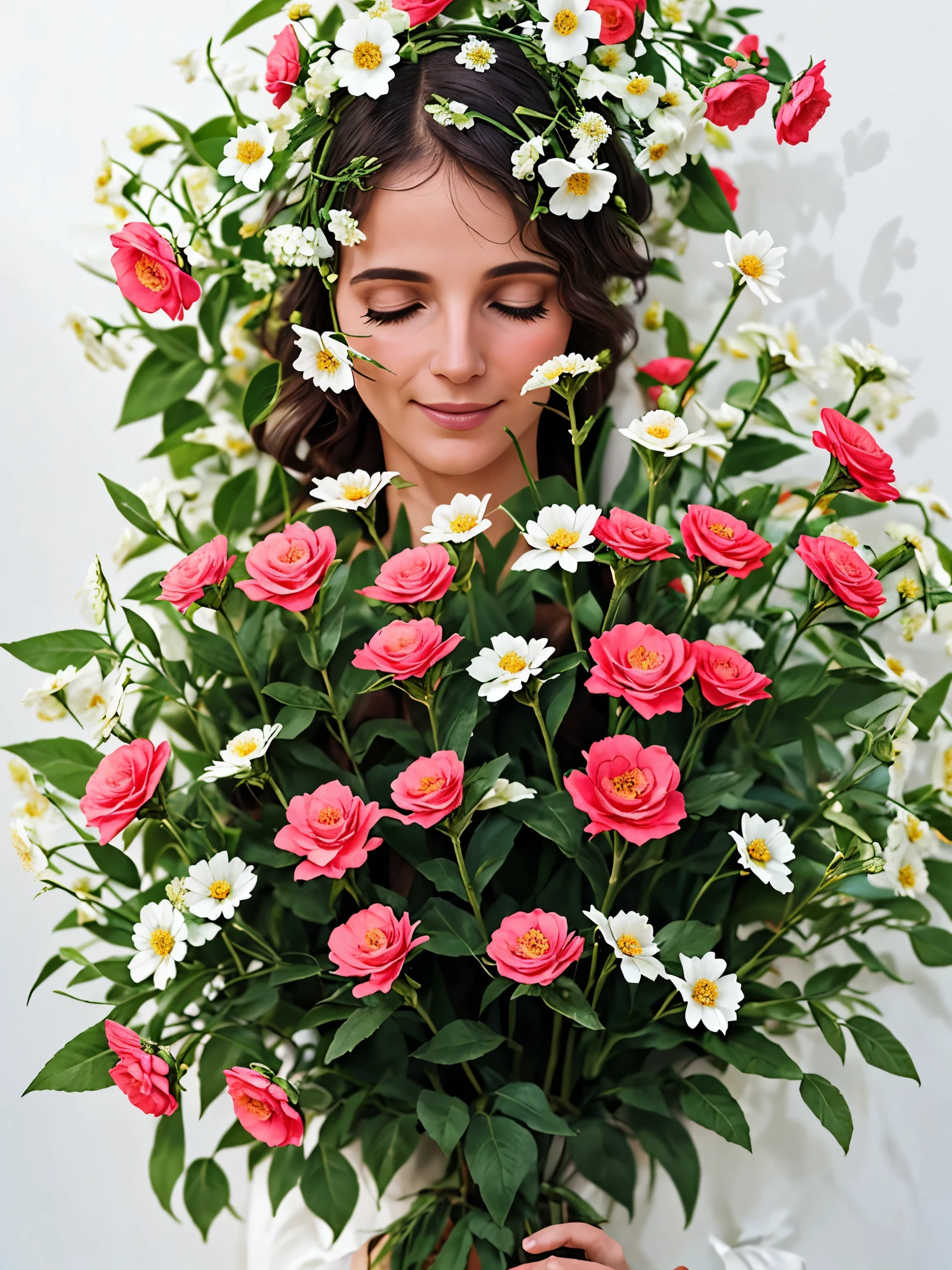 Em um jardim perfumado, the blind woman is standing with her arms outstretched, gently touching the petals of the flowers she finds, conectando-se com a natureza e as doces flores azuis.