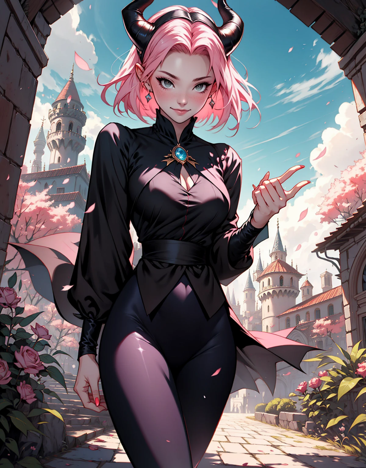 1 mulher, dressed up as maleficent, strong emotions, sakura, cabelo curto, (cabelo rosa!!) , luz, foco, como malevola, corpo inteiro, horns on head, solo, magia ao seu redor, she is in front of a castle,(leggings and black blouse),  from head to toe ((corpo inteiro!!!), maligna, rosto perverso, sorriso maligno, 