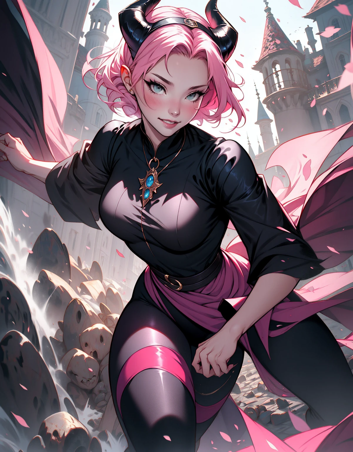 1 mulher, dressed up as maleficent, strong emotions, sakura, cabelo curto, (cabelo rosa!!) , luz, foco, como malevola, corpo inteiro, horns on head, solo, magia ao seu redor, she is in front of a castle,(leggings and black blouse), from head to toe ((corpo inteiro!!!), maligna, rosto perverso, sorriso maligno,