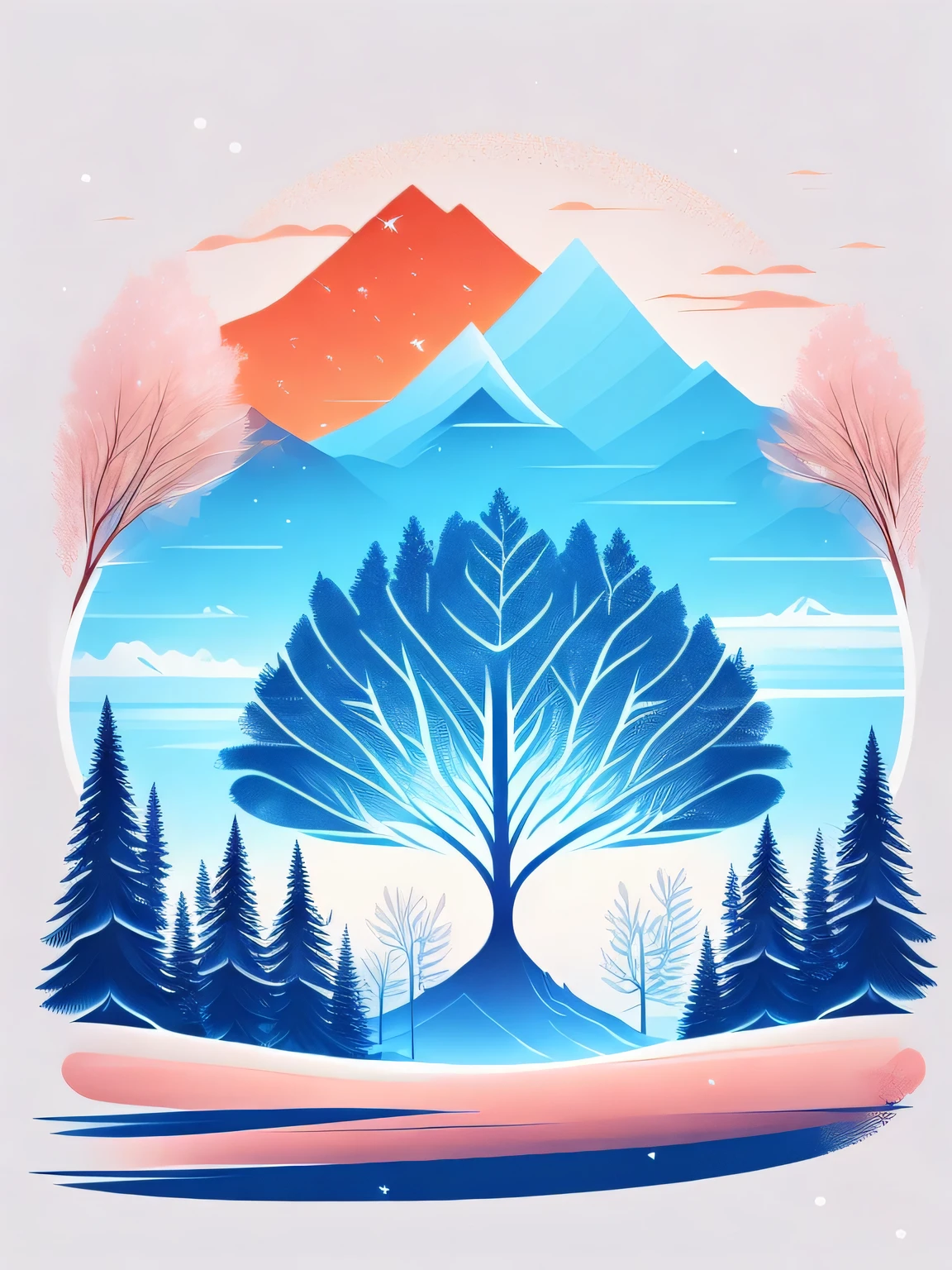 a spruice tree in a winter landscape, tshirt design, rzminjourney, vector-art